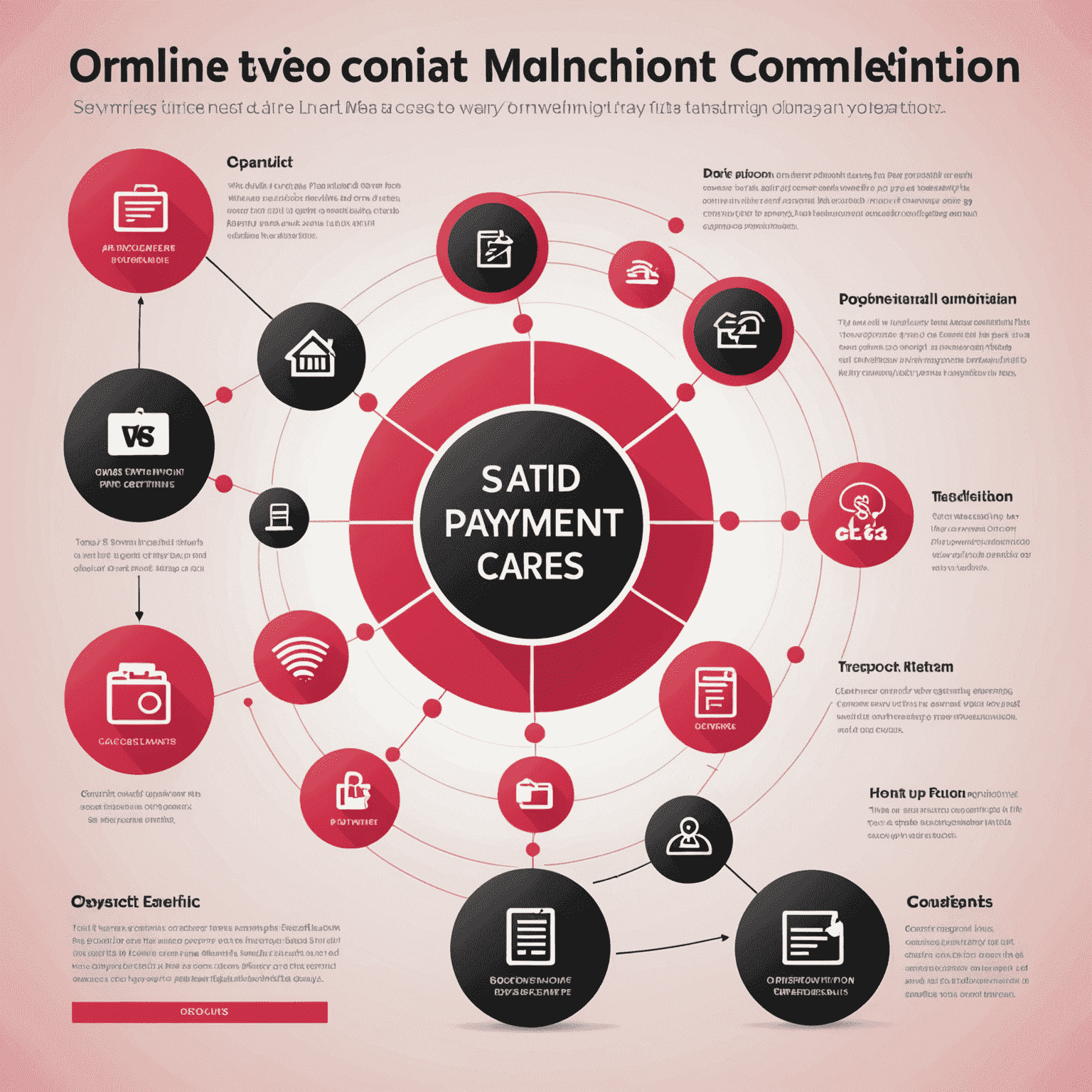 Infografika przedstawiająca proces płatności online: wybór usługi, wybór metody płatności, potwierdzenie i zakończenie transakcji. Grafika utrzymana w kolorach czerwonym, różowym, czarnym i białym.